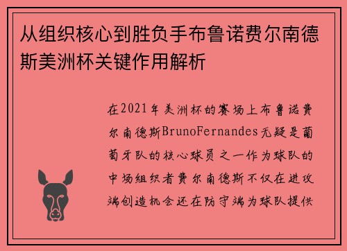 从组织核心到胜负手布鲁诺费尔南德斯美洲杯关键作用解析