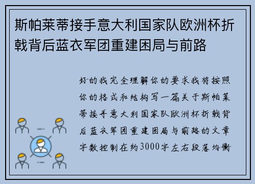 斯帕莱蒂接手意大利国家队欧洲杯折戟背后蓝衣军团重建困局与前路